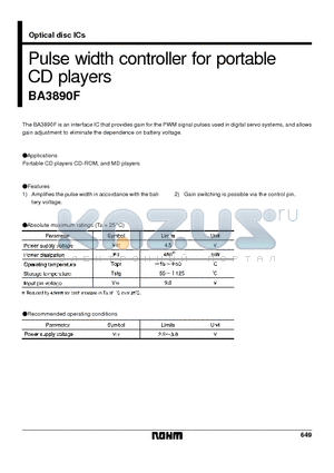 BA3890 datasheet - Pulse width controller for portable CD players