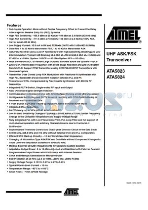 ATA5824-PLQW datasheet - UHF ASK/FSK Transceiver