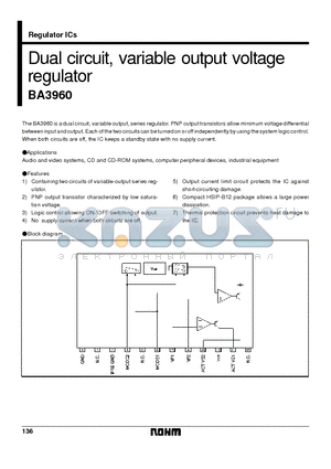 BA3960 datasheet - Dual circuit, variable output voltage regulator