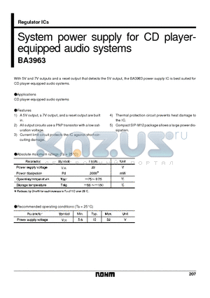 BA3963 datasheet - System power supply for CD player equipped audio systems