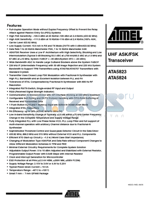 ATA5823-PLQW datasheet - UHF ASK/FSK Transceiver