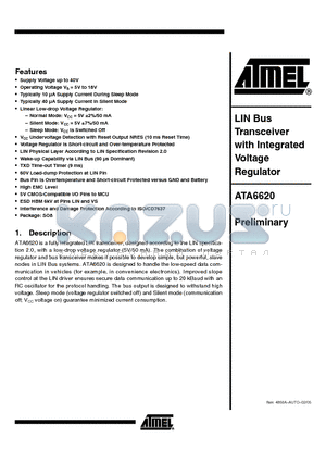 ATA6620-TAQY datasheet - LIN ABUS TRANSCEIVER WITH INTEGRATED VOLTAGE REGULATOR
