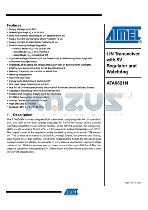 ATA6621N-PGPW datasheet - LIN Transceiver with 5V Regulator and Watchdog