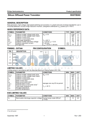 BU2722 datasheet - Silicon Diffused Power Transistor