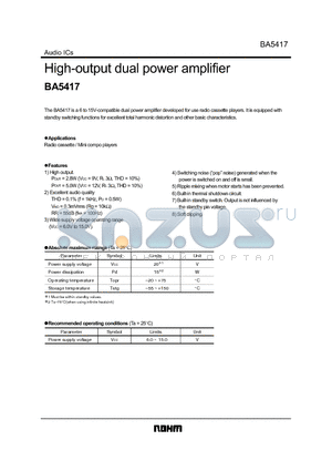 BA5417 datasheet - High-output dual power amplifier