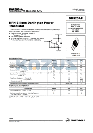 BU323AP datasheet - DARLINGTON NPN SILICON POWER TRANSISTOR 400 VOLTS 125 WATTS