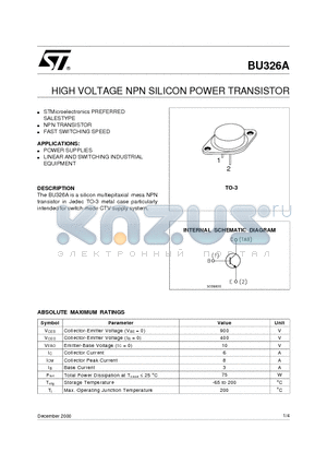 BU326A datasheet - HIGH VOLTAGE NPN SILICON POWER TRANSISTOR