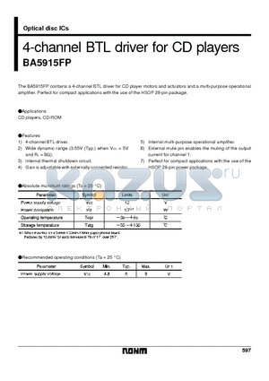 BA5915FP datasheet - 4-channel BTL driver for CD players