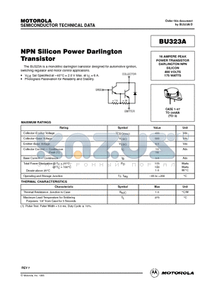 BU323A datasheet - 16 AMPERE PEAK POWER TRANSISTOR DARLINGTON NPN SILICON 400 VOLTS 175 WATTS