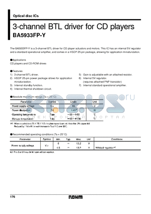 BA5933FP-Y datasheet - 3-channel BTL driver for CD players