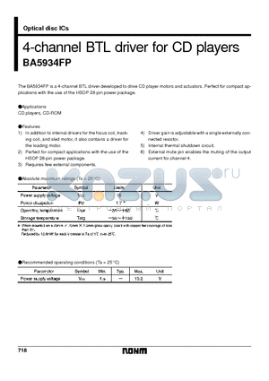 BA5934FP datasheet - 4-channel BTL driver for CD players