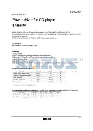 BA5961FV datasheet - Power driver for CD player