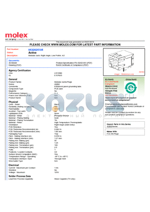 0432024104 datasheet - Modular Jack, Right Angle, Low Profile, 4/2