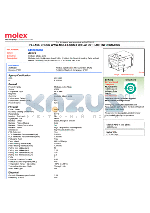 0432028800 datasheet - Modular Jack, Right Angle, Low Profile, Shielded, No Panel Grounding Tabs, without Bottom Grounding Tab, Front Position PCB Ground Tab, 8/10