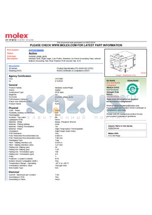 0432028808 datasheet - Modular Jack, Right Angle, Low Profile, Shielded, No Panel Grounding Tabs, without Bottom Grounding Tab, Rear Position PCB Ground Tab, 8/10