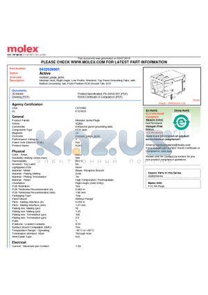 0432028901 datasheet - Modular Jack, Right Angle, Low Profile, Shielded, Top Panel Grounding Tabs, with Bottom Grounding Tab, Front Position PCB Ground Tab, 8/10