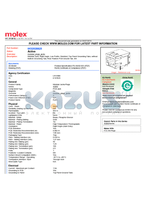 0432028825 datasheet - Modular Jack, Right Angle, Low Profile, Shielded, Top Panel Grounding Tabs, without Bottom Grounding Tab, Rear Position PCB Ground Tab, 8/8