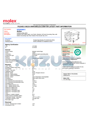 0432028911 datasheet - Modular Jack, Right Angle, Low Profile, Shielded, All Panel Grounding Tabs, with Bottom Grounding Tab, Rear Position PCB Ground Tab, 8/10