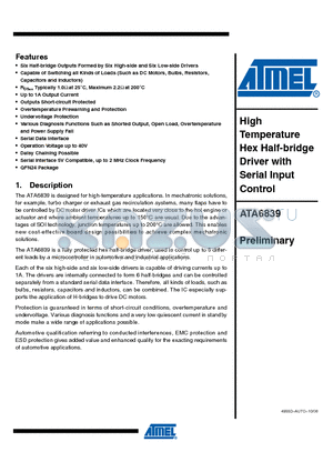 ATA6839 datasheet - High Temperature Hex Half-bridge Driver with Serial Input Control