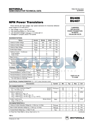 BU406 datasheet - 7 AMPERES NPN SILICON POWER TRANSISTORS 60 WATTS 150 and 200 VOLTS