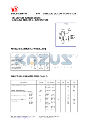 BU406 datasheet - NPN EPITAXIAL SILICON TRANSISTOR(HIGH VOLTAGE SWITCHING USE IN HORIZONTAL DEFLECTION OUTPUT STAGE)