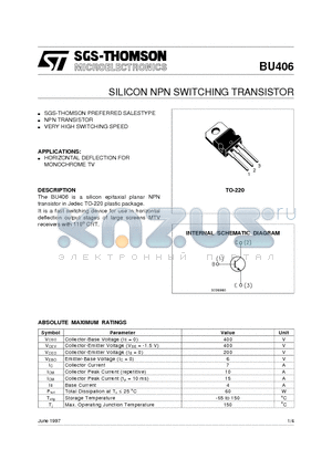 BU406 datasheet - SILICON NPN SWITCHING TRANSISTOR
