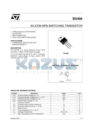 BU406 datasheet - SILICON NPN SWITCHING TRANSISTOR