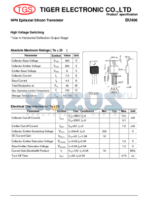 BU406 datasheet - NPN Epitaxial Silicon Transistor