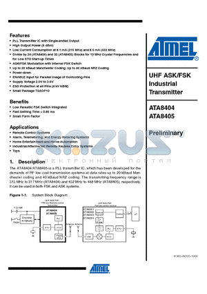 ATA8405-6DQY datasheet - UHF ASK/FSK Industrial Transmitter