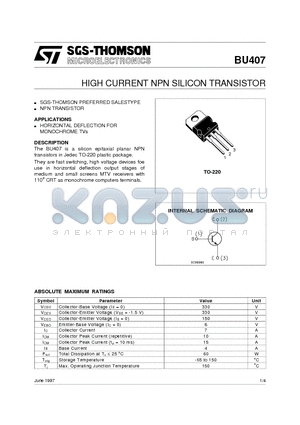 BU407 datasheet - HIGH CURRENT NPN SILICON TRANSISTOR