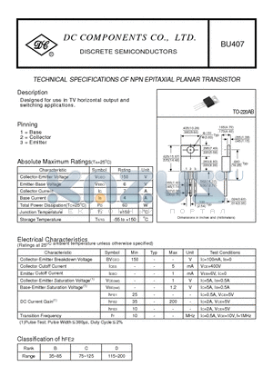 BU407 datasheet - TECHNICAL SPECIFICATIONS OF NPN EPITAXIAL PLANAR TRANSISTOR