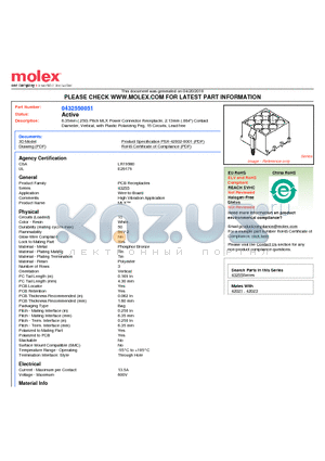 0432550051 datasheet - 6.35mm (.250) Pitch MLX Power Connector Receptacle, 2.13mm (.084