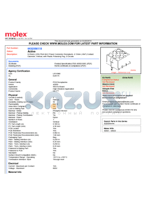 0432550115 datasheet - 6.35mm (.250) Pitch MLX Power Connector Receptacle, 2.13mm (.084
