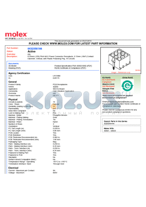 0432550168 datasheet - 6.35mm (.250) Pitch MLX Power Connector Receptacle, 2.13mm (.084