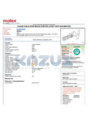 0433742001 datasheet - Sabre Crimp Terminal, Female, With Tin (Sn) Plated Brass Contact, 18-20 AWG, Reel Packaged, without TPA, UL1007 or UL1015 Wire