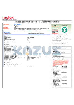 0433755001 datasheet - Sabre Crimp Terminal, Female, with Tin (Sn) Plated Brass Contact, Double 2020 AWG, 2.85mm (.112