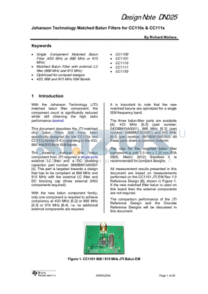 0433BM15A0001E datasheet - Johanson Technology Matched Balun Filters for CC110x & CC111x