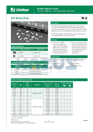 0434002.NRP datasheet - Surface Mount Fuses Thin Film > 0603 Size > Very Fast Acting > 434 Series