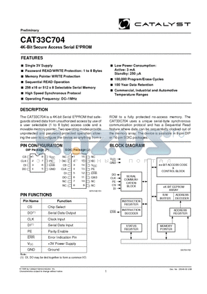 CAT33C704 datasheet - 4K-Bit Secure Access Serial E2PROM