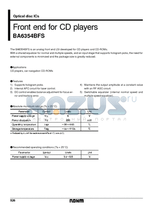 BA6354BFS datasheet - Front end for CD players