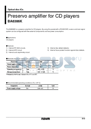 BA6386 datasheet - Preservo amplifier for CD players