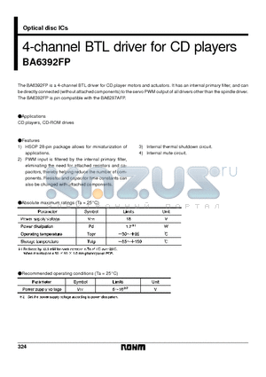 BA6392FP datasheet - 4-channel BTL driver for CD players
