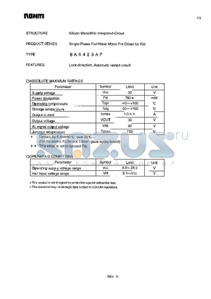 BA6423AF datasheet - Single-phase Full-Wave Motor Pre-Driver for Fan