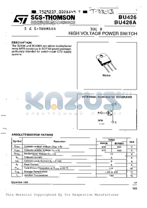 BU426 datasheet - HIGH VOLTAGE POWER SWITCH