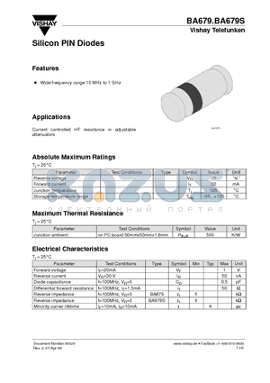 BA679 datasheet - Silicon PIN Diodes