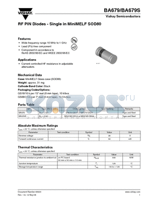 BA679 datasheet - RF PIN Diodes - Single in MiniMELF SOD80