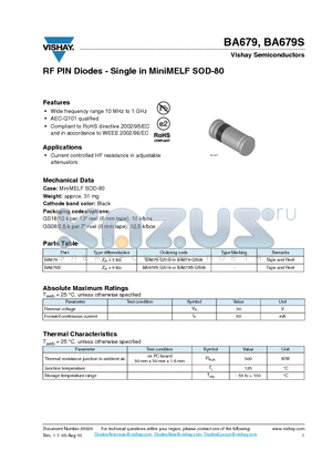 BA679 datasheet - RF PIN Diodes - Single in MiniMELF SOD-80