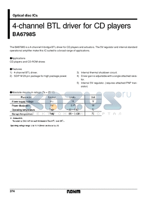 BA6798 datasheet - 4-channel BTL driver for CD players