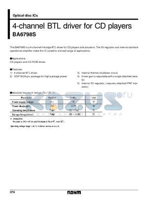 BA6798S datasheet - 4-channel BTL driver for CD players