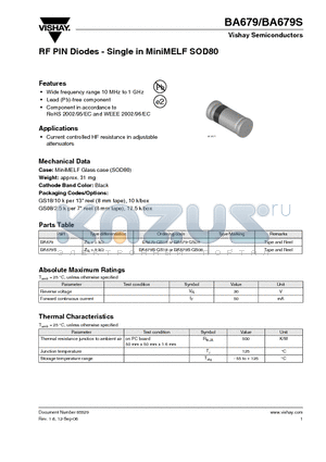 BA679S datasheet - RF PIN Diodes - Single in MiniMELF SOD80